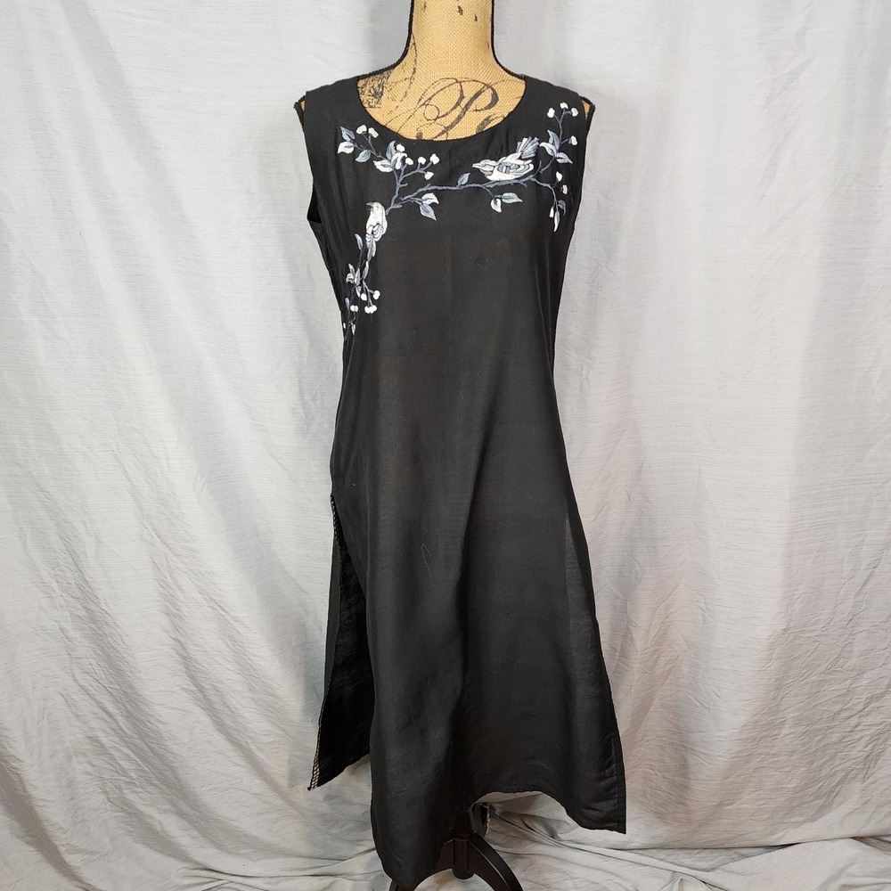 PRAPTI Size Large Black Semi-Sheer Bird Embroidered Indian Kurta Indianwear EUC